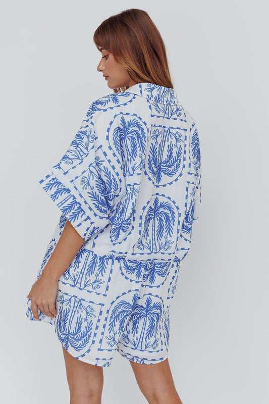 Daytona Beach Button-Up Romper Print Blue